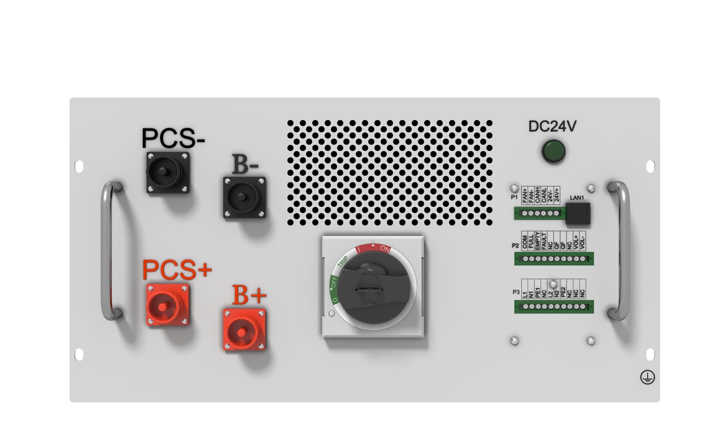 Battery pack front interface panel with PCS and battery DC connectors, manual service disconnect, and communication ports